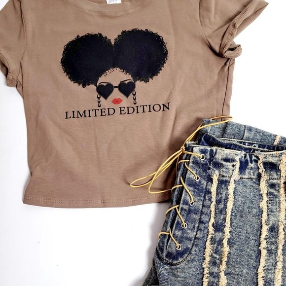 Women Crop Top Bohemian Clothes Short Sleeve Graphic Tee Brown Black - Picture 1 of 4